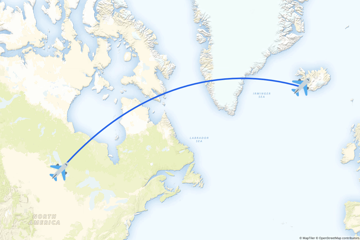 Map of the Winnipeg to Reykjavík route
