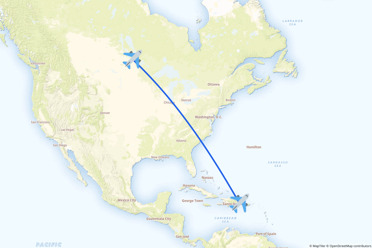 Map of the Winnipeg to Punta Cana route