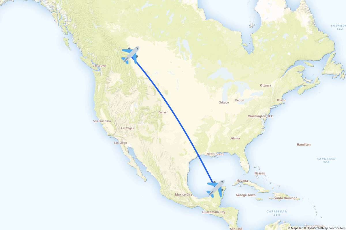 Map of the Calgary to Mérida route