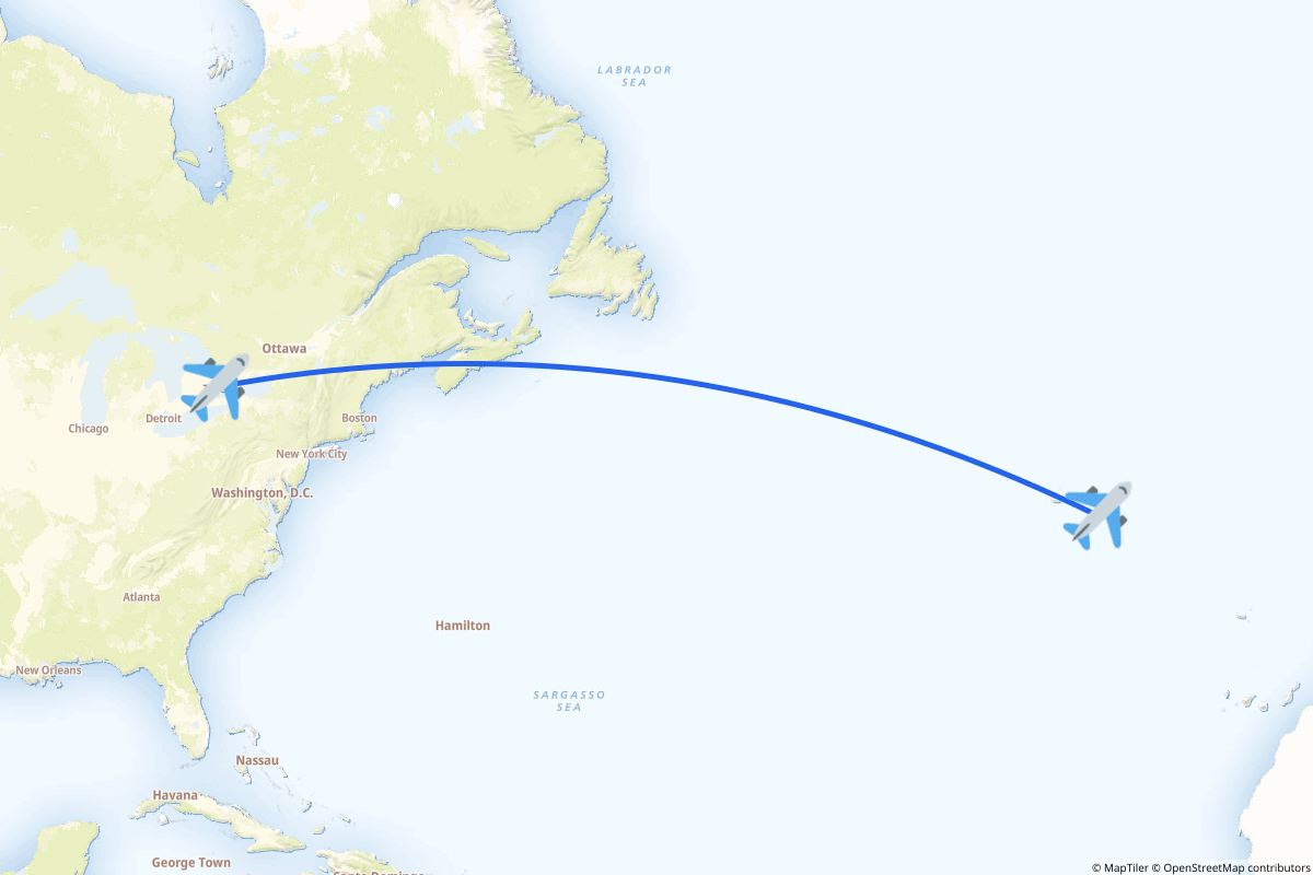 Map of the Toronto to Ponta Delgada route