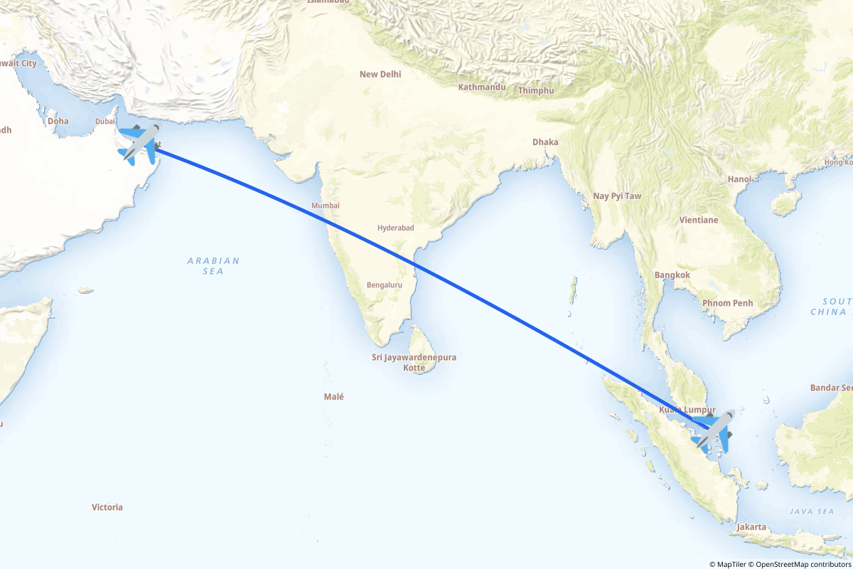 Map of the Muscat to Singapore route
