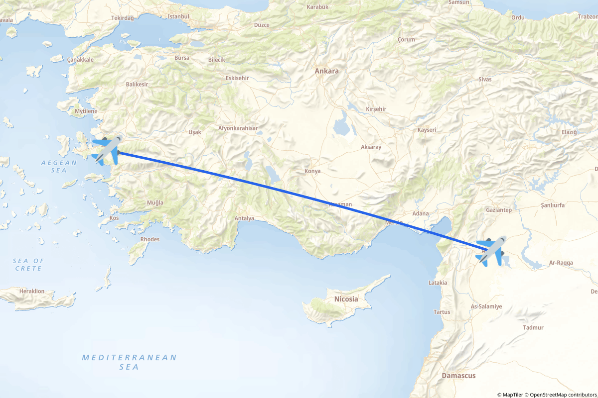 Map of the Gaziemir to Aleppo route