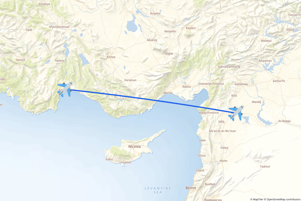 Map of the Antalya to Aleppo route