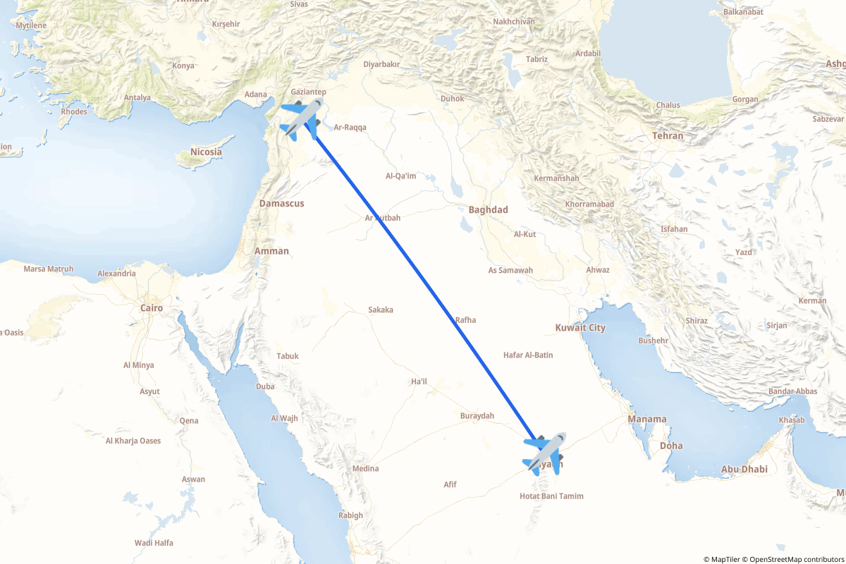 Map of the Riyadh to Aleppo route