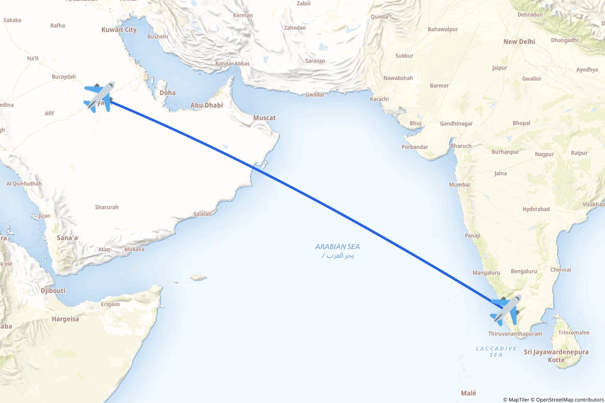 Map of the Riyadh to Kochi route