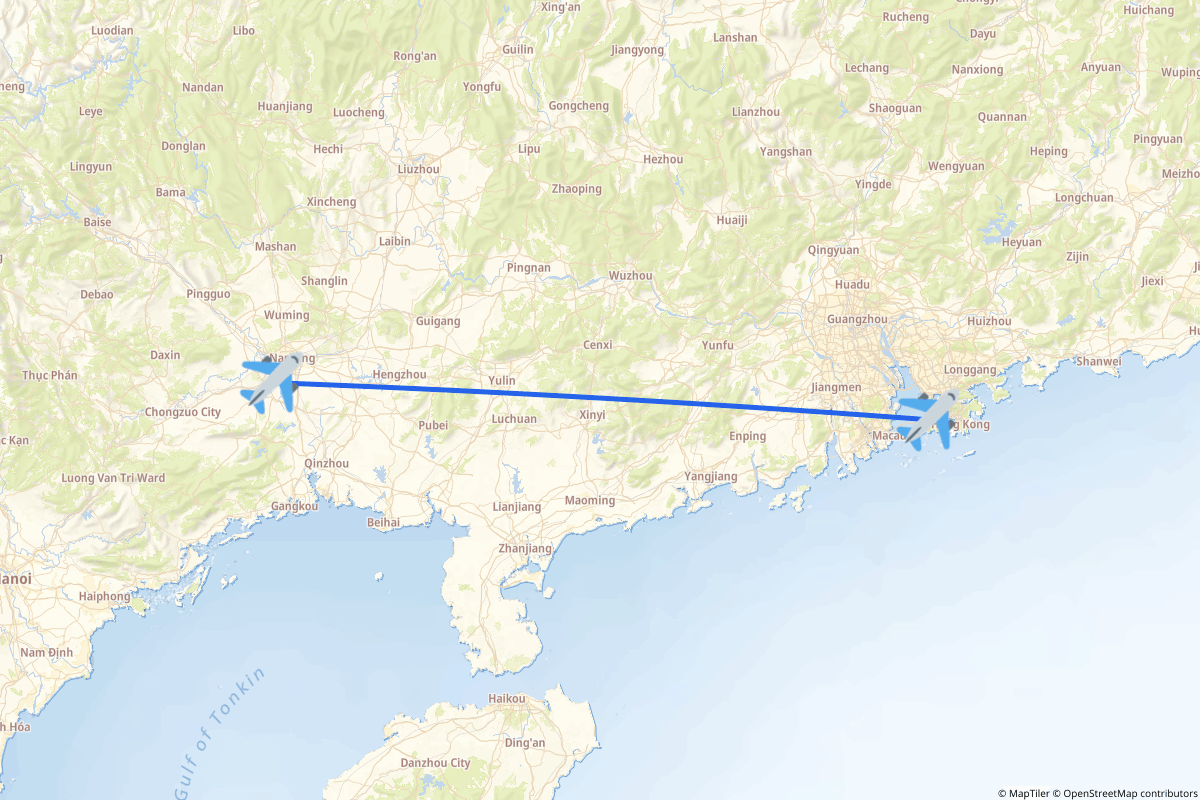 Map of the Nanning (Jiangnan) to Hong Kong route