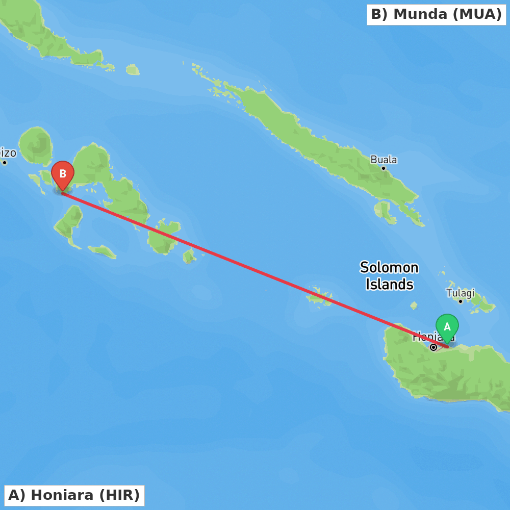 Flight route map from Honiara to Munda