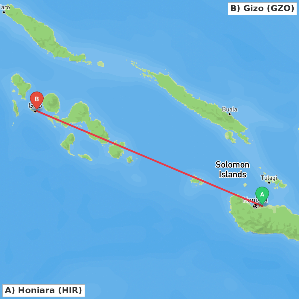Flight route map from Honiara to Gizo