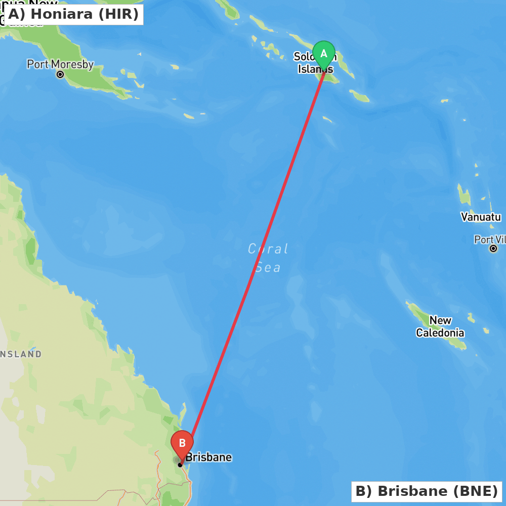 Flight route map from Honiara to Brisbane