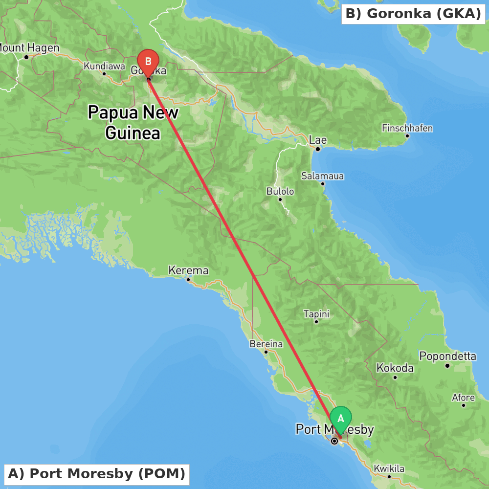 Flight route map from Port Moresby to Goronka