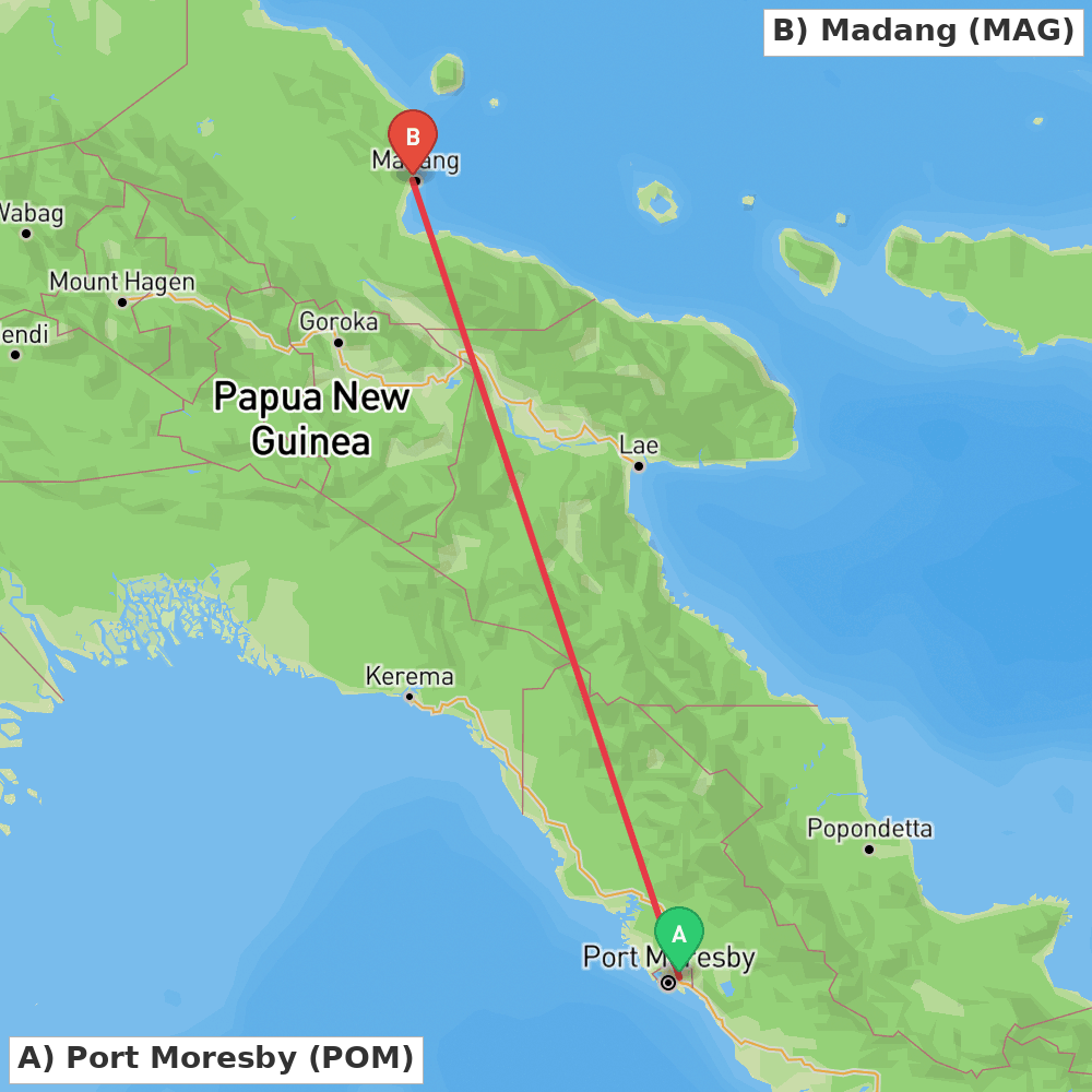 Flight route map from Port Moresby to Madang