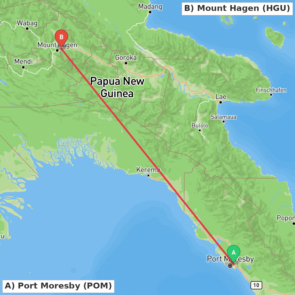 Flight route map from Port Moresby to Mount Hagen
