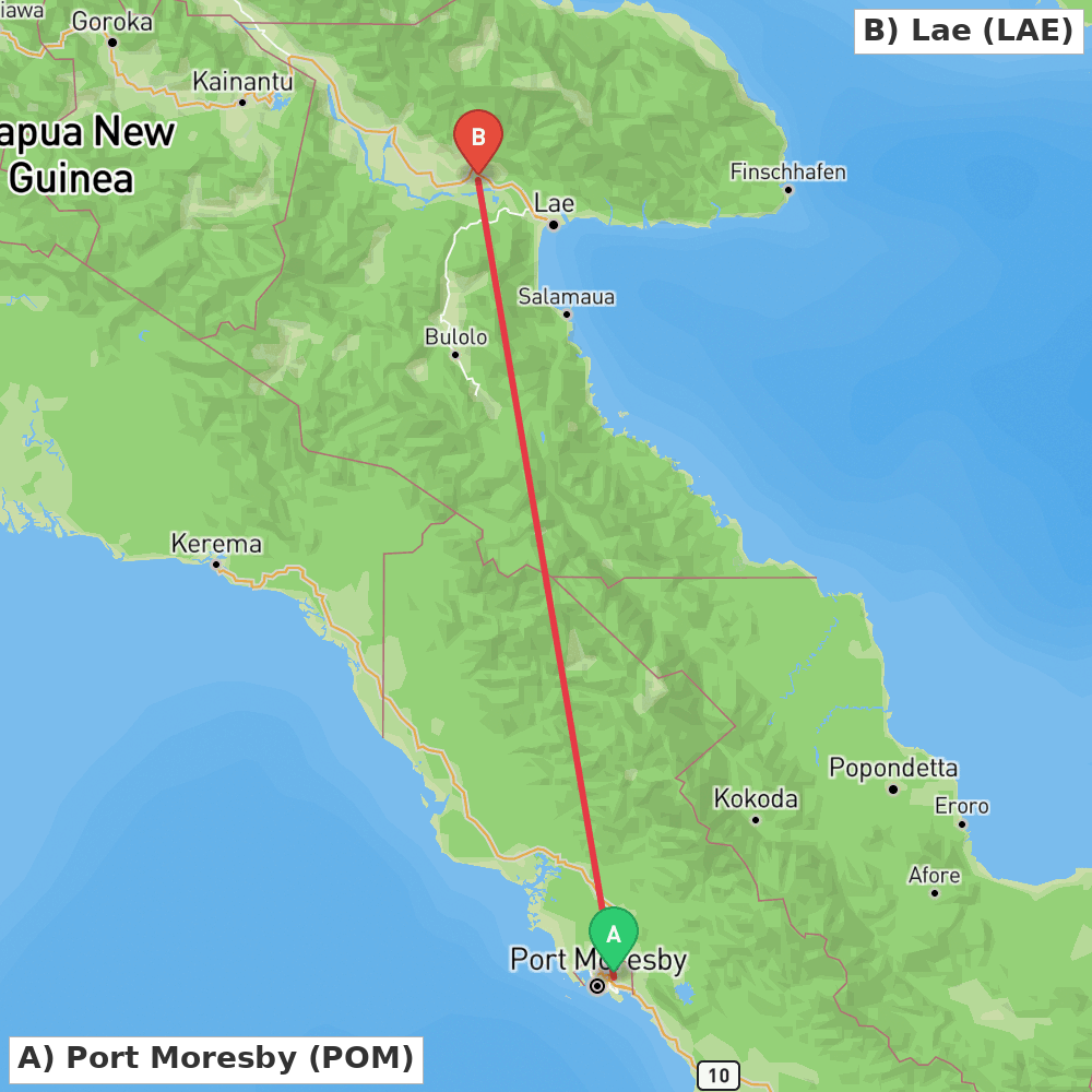 Flight route map from Port Moresby to Lae