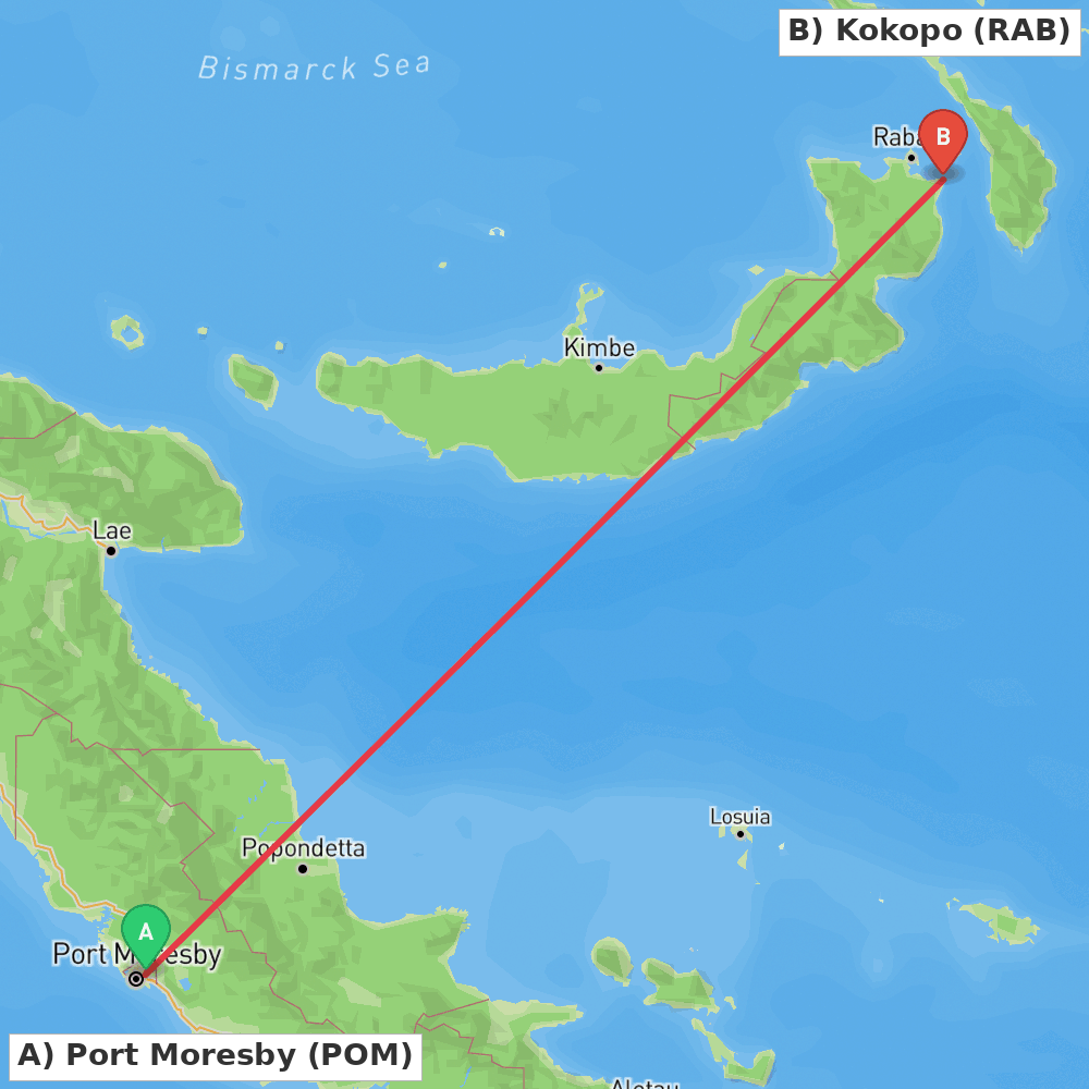 Flight route map from Port Moresby to Kokopo