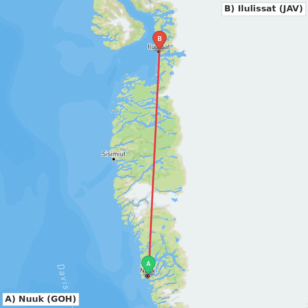 Flight route map from Nuuk to Ilulissat