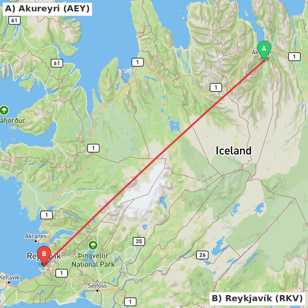 Flight route map from Akureyri to Reykjavík