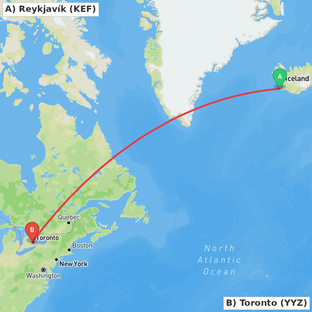 Flight route map from Reykjavík to Toronto