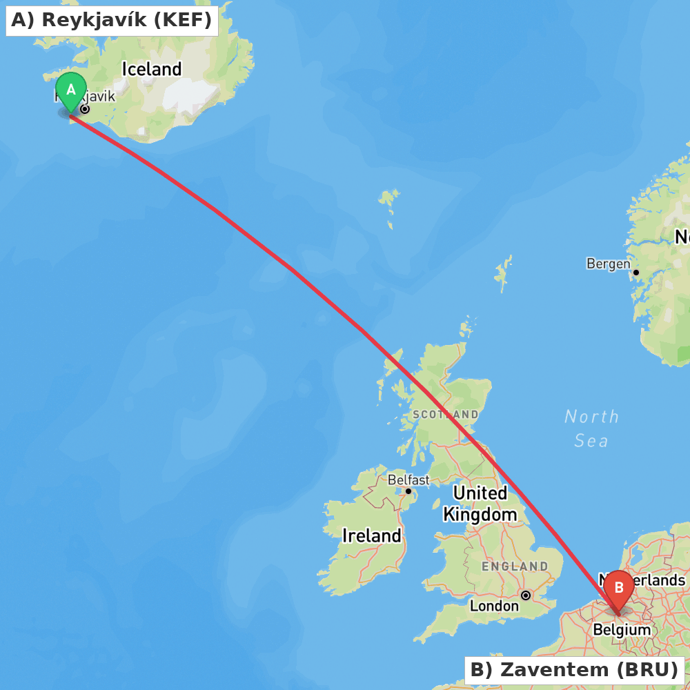 Flight route map from Reykjavík to Zaventem