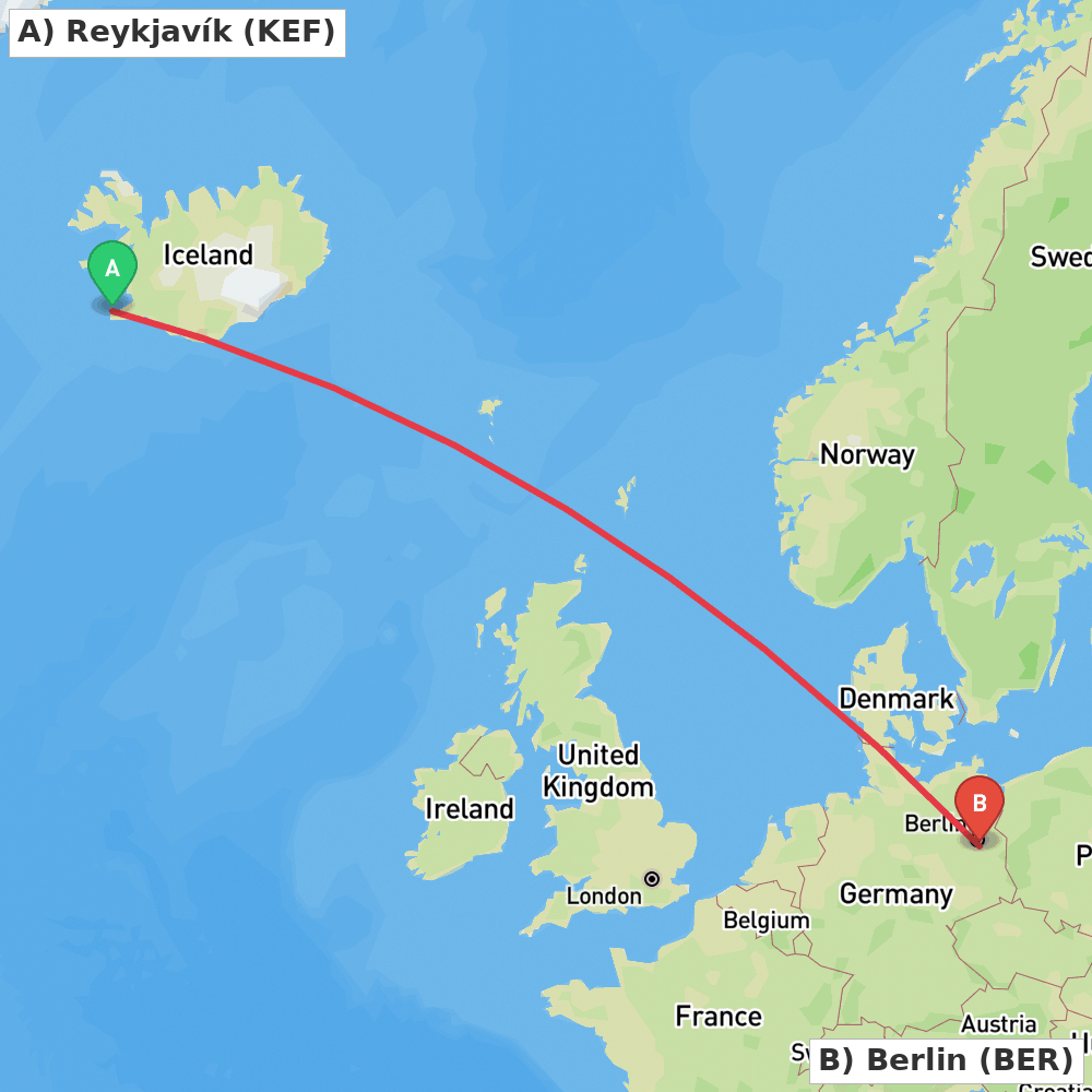 Flight route map from Reykjavík to Berlin