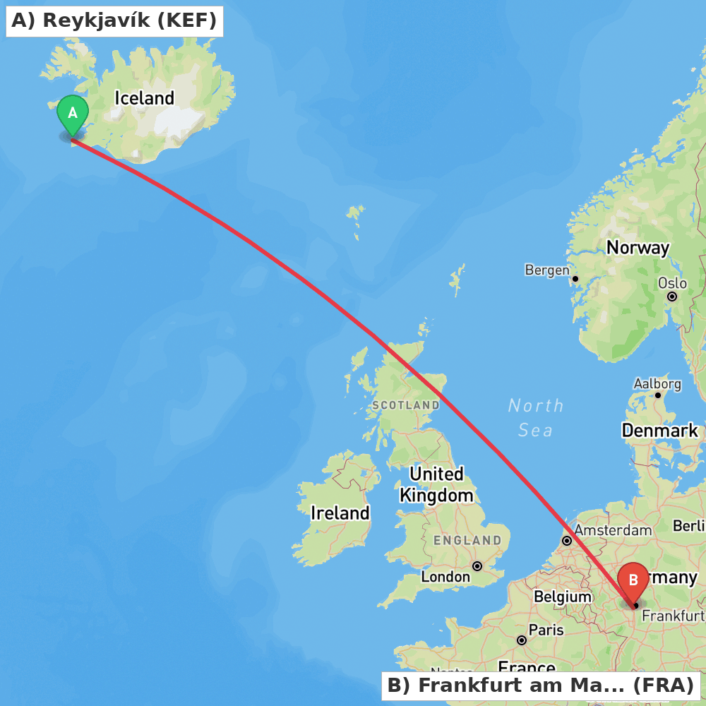 Flight route map from Reykjavík to Frankfurt am Main