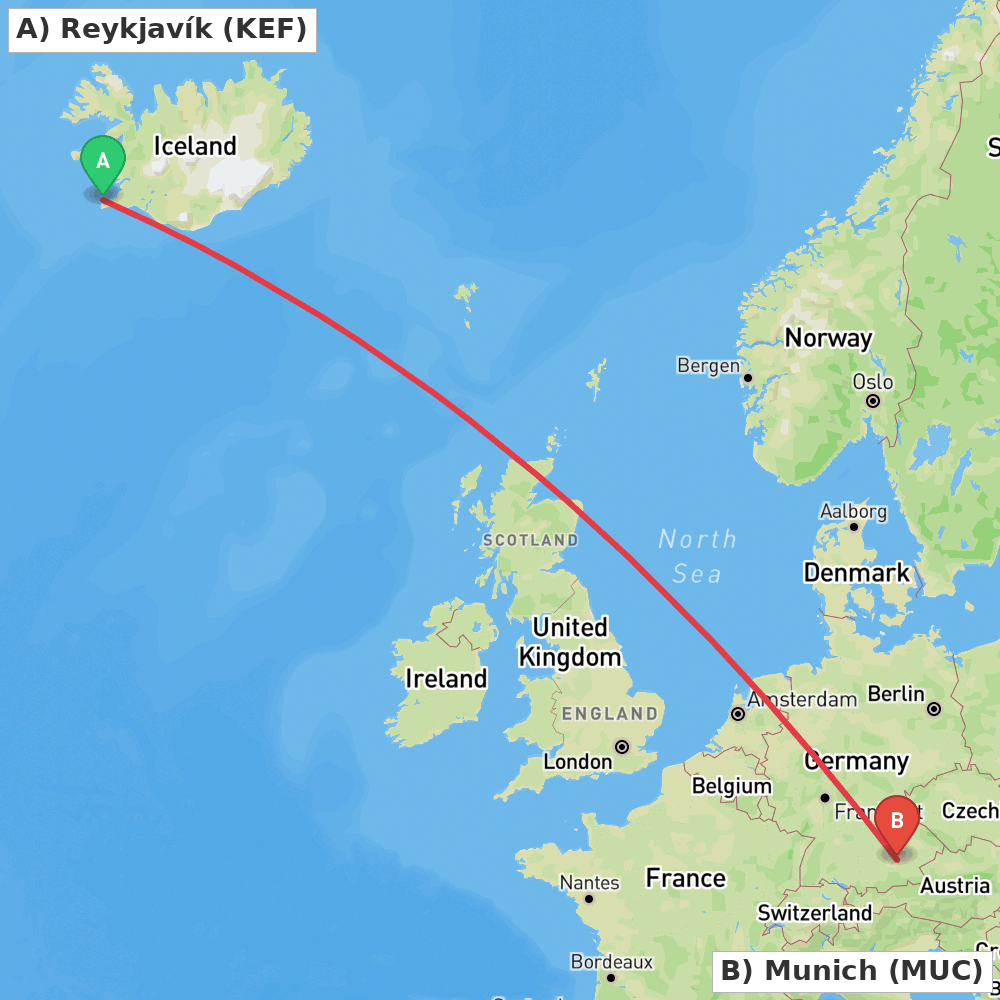 Flight route map from Reykjavík to Munich