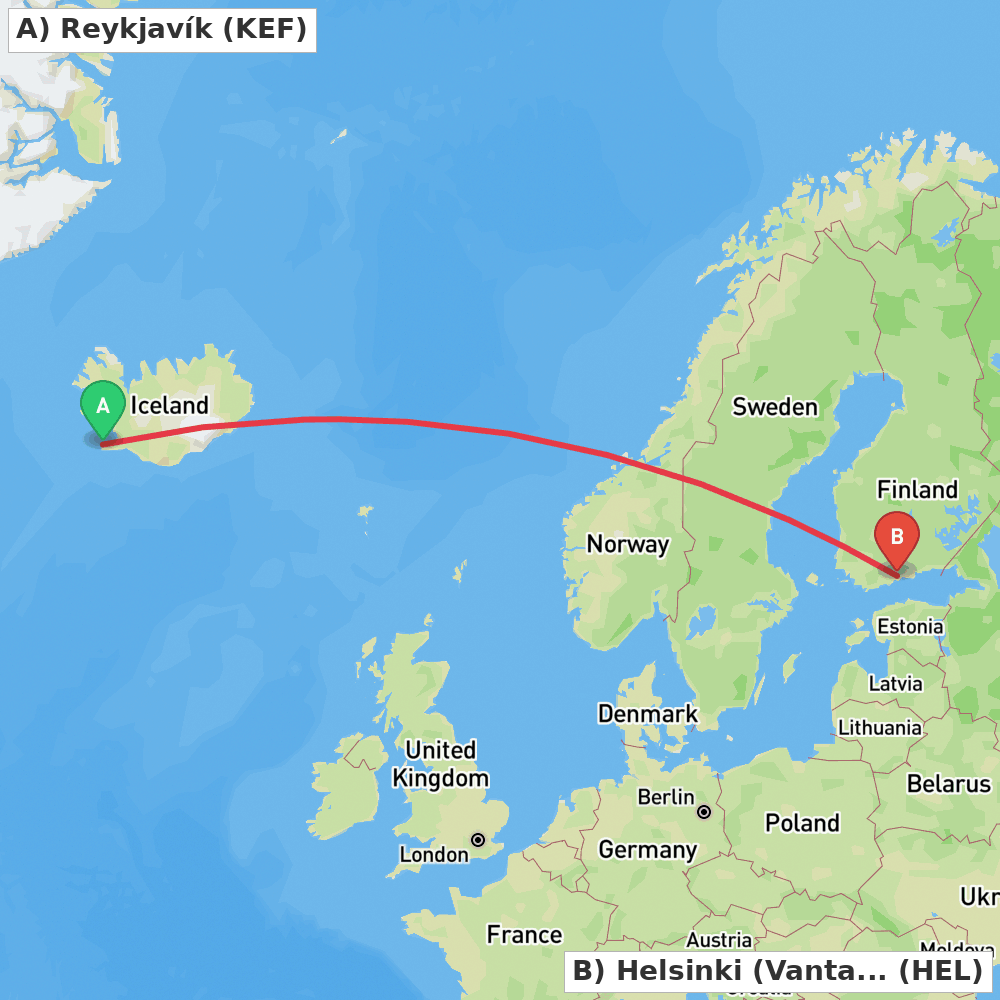 Flight route map from Reykjavík to Helsinki (Vantaa)