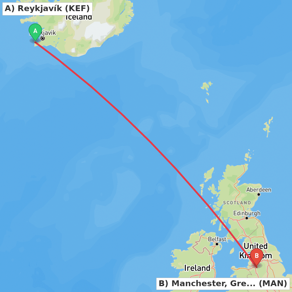Flight route map from Reykjavík to Manchester, Greater Manchester