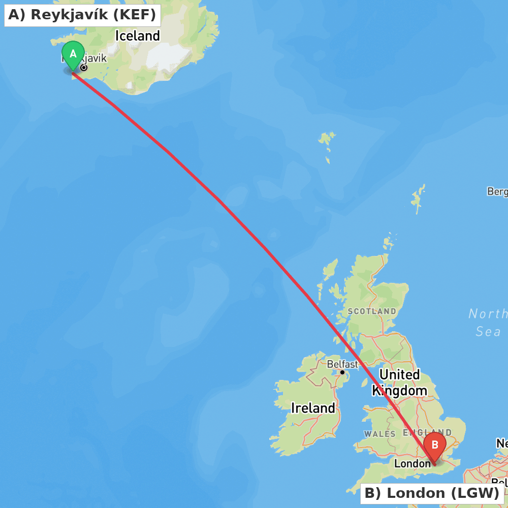 Flight route map from Reykjavík to London