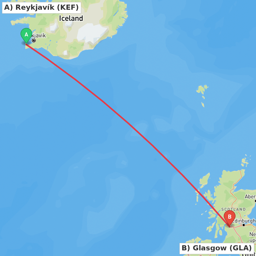 Flight route map from Reykjavík to Glasgow