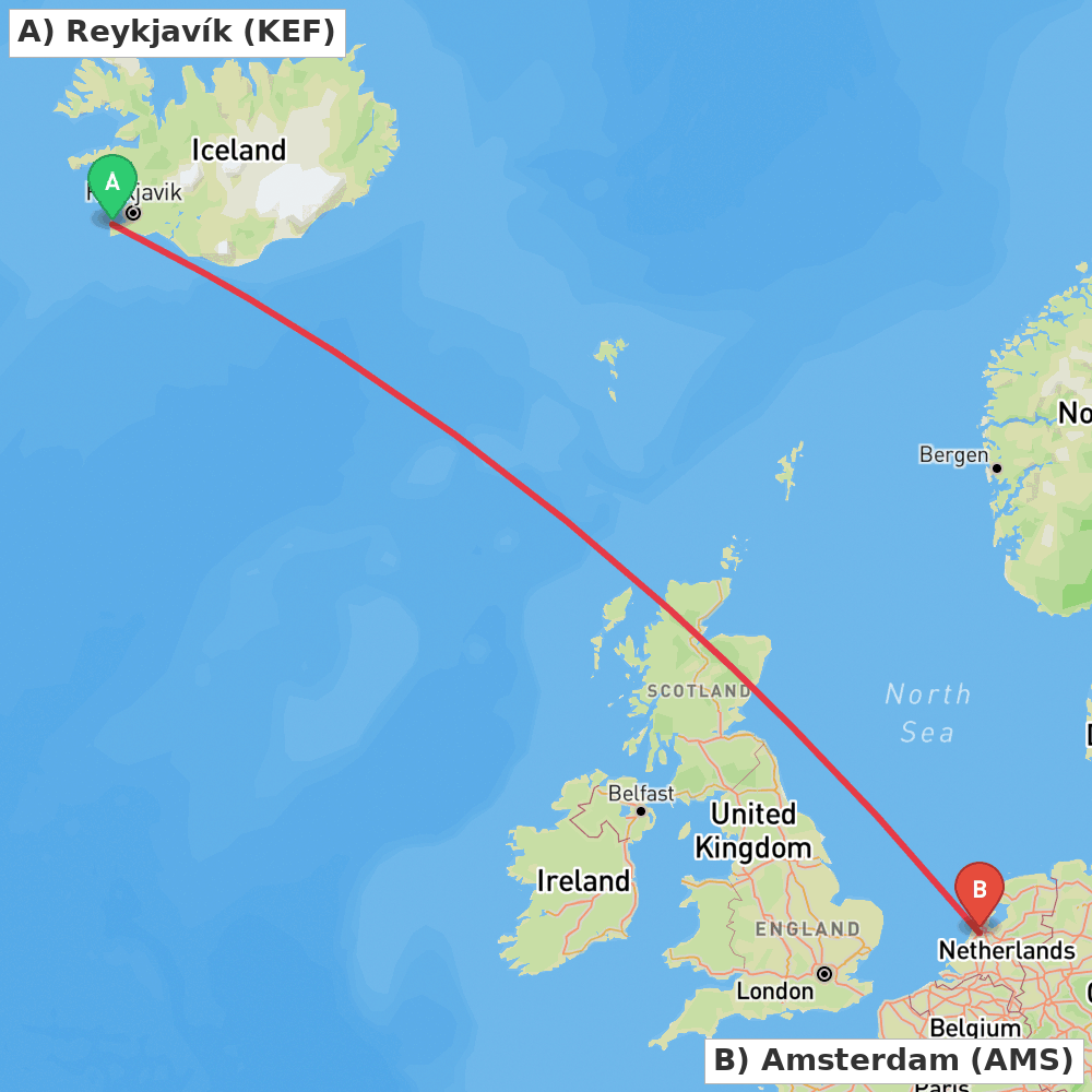 Flight route map from Reykjavík to Amsterdam