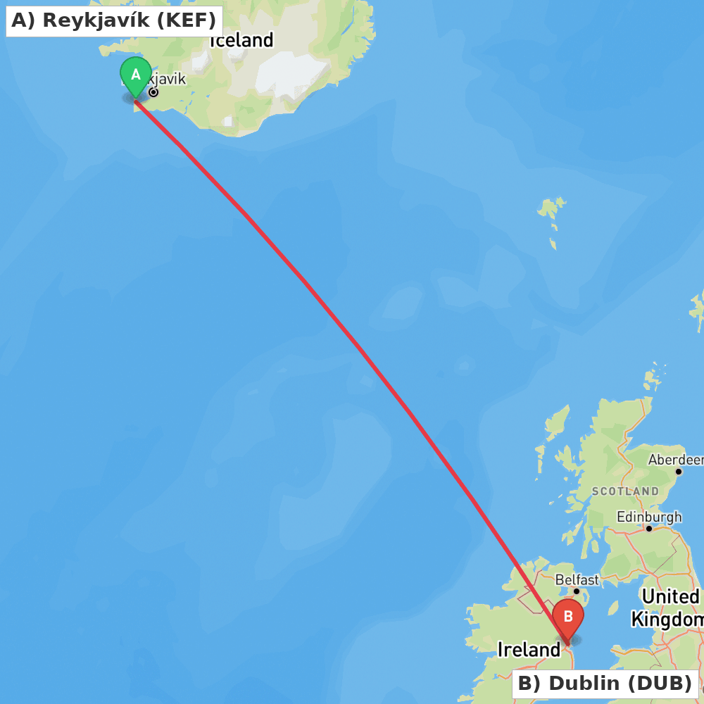 Flight route map from Reykjavík to Dublin