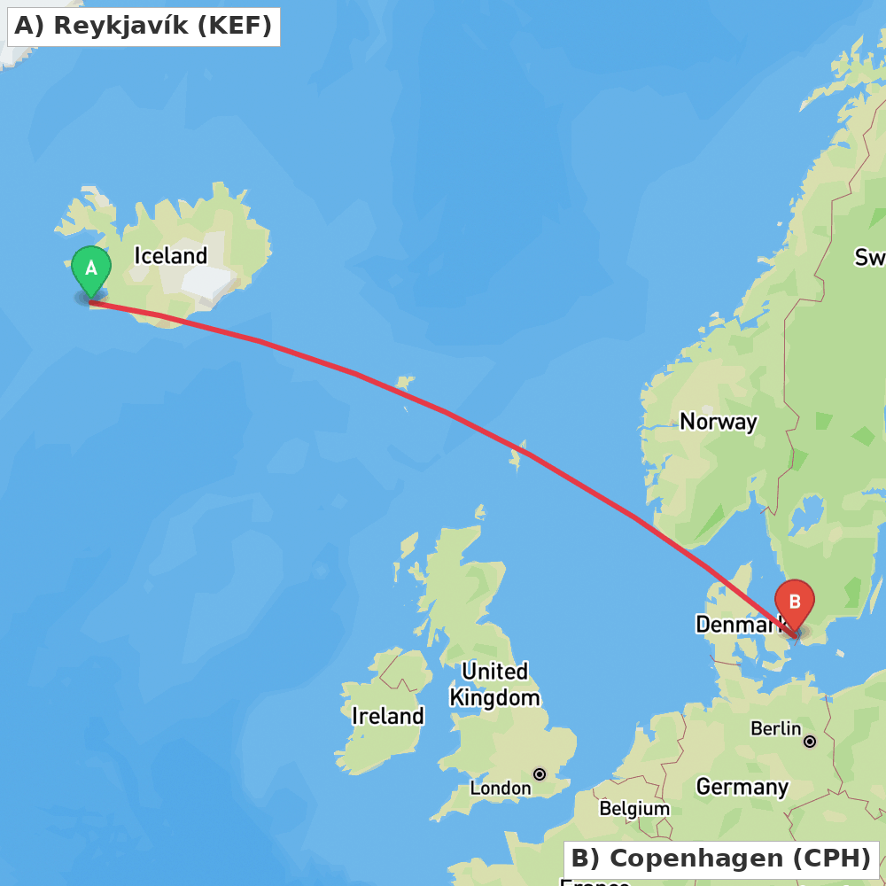 Flight route map from Reykjavík to Copenhagen