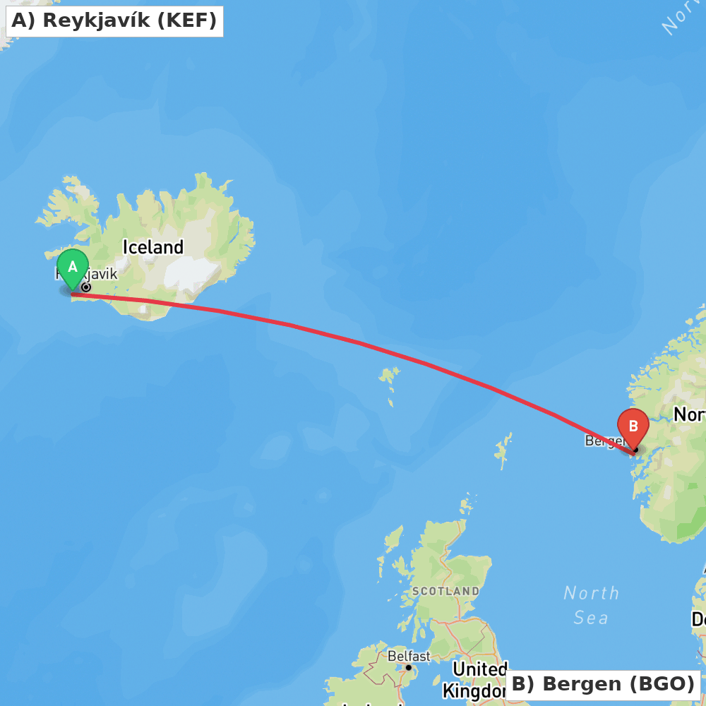 Flight route map from Reykjavík to Bergen