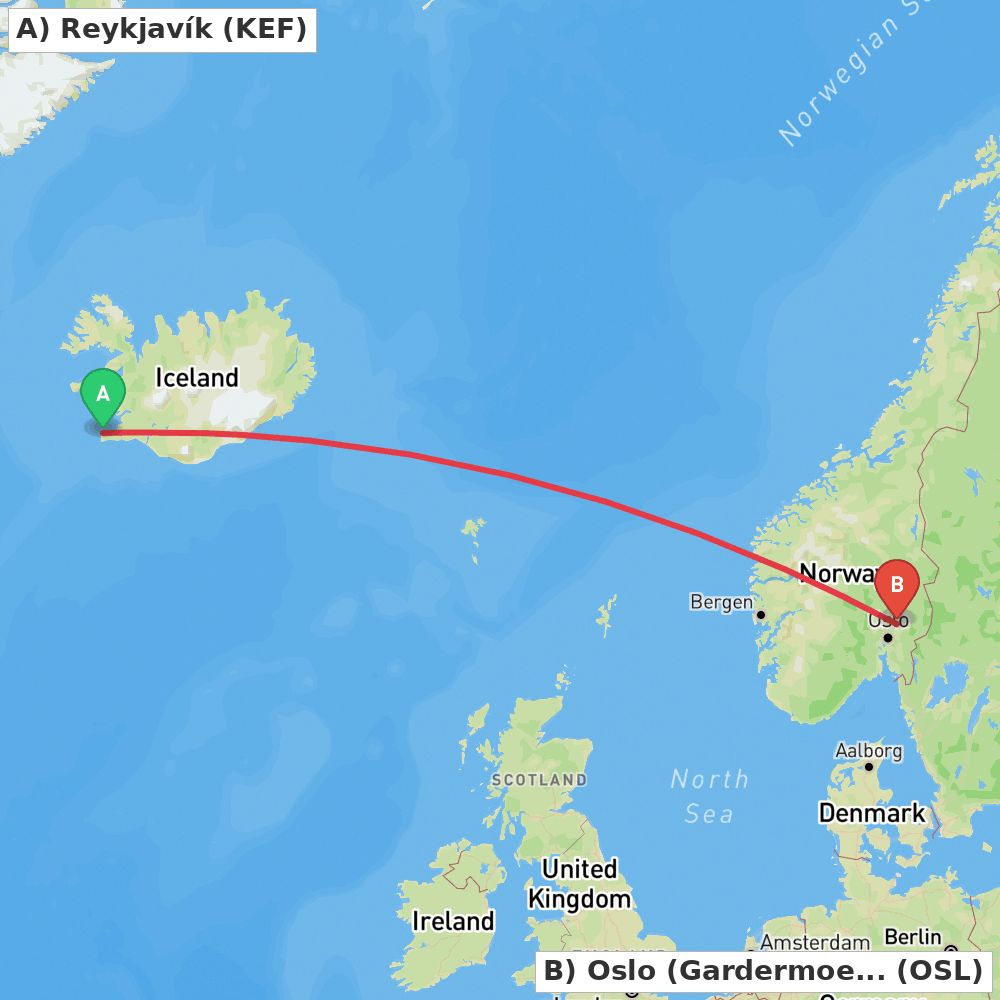 Flight route map from Reykjavík to Oslo (Gardermoen)