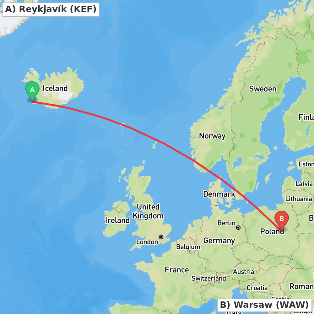Flight route map from Reykjavík to Warsaw