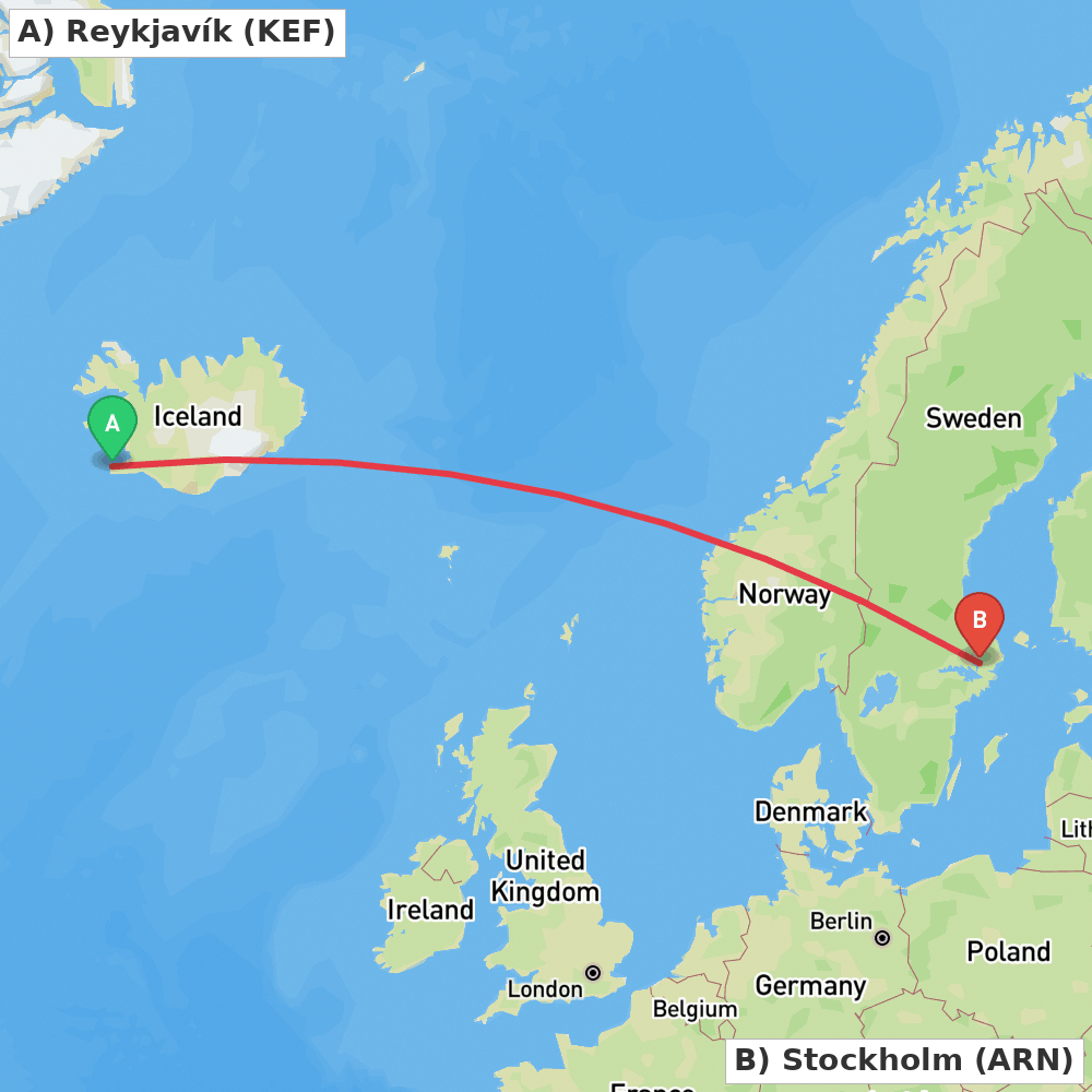 Flight route map from Reykjavík to Stockholm