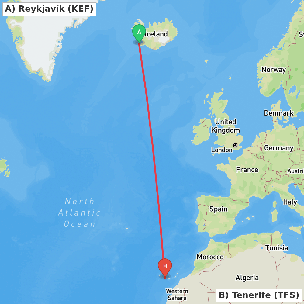 Flight route map from Reykjavík to Tenerife