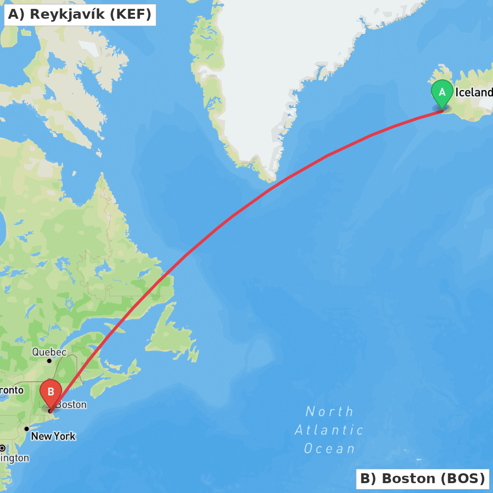 Flight route map from Reykjavík to Boston