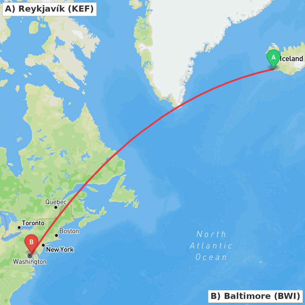 Flight route map from Reykjavík to Baltimore