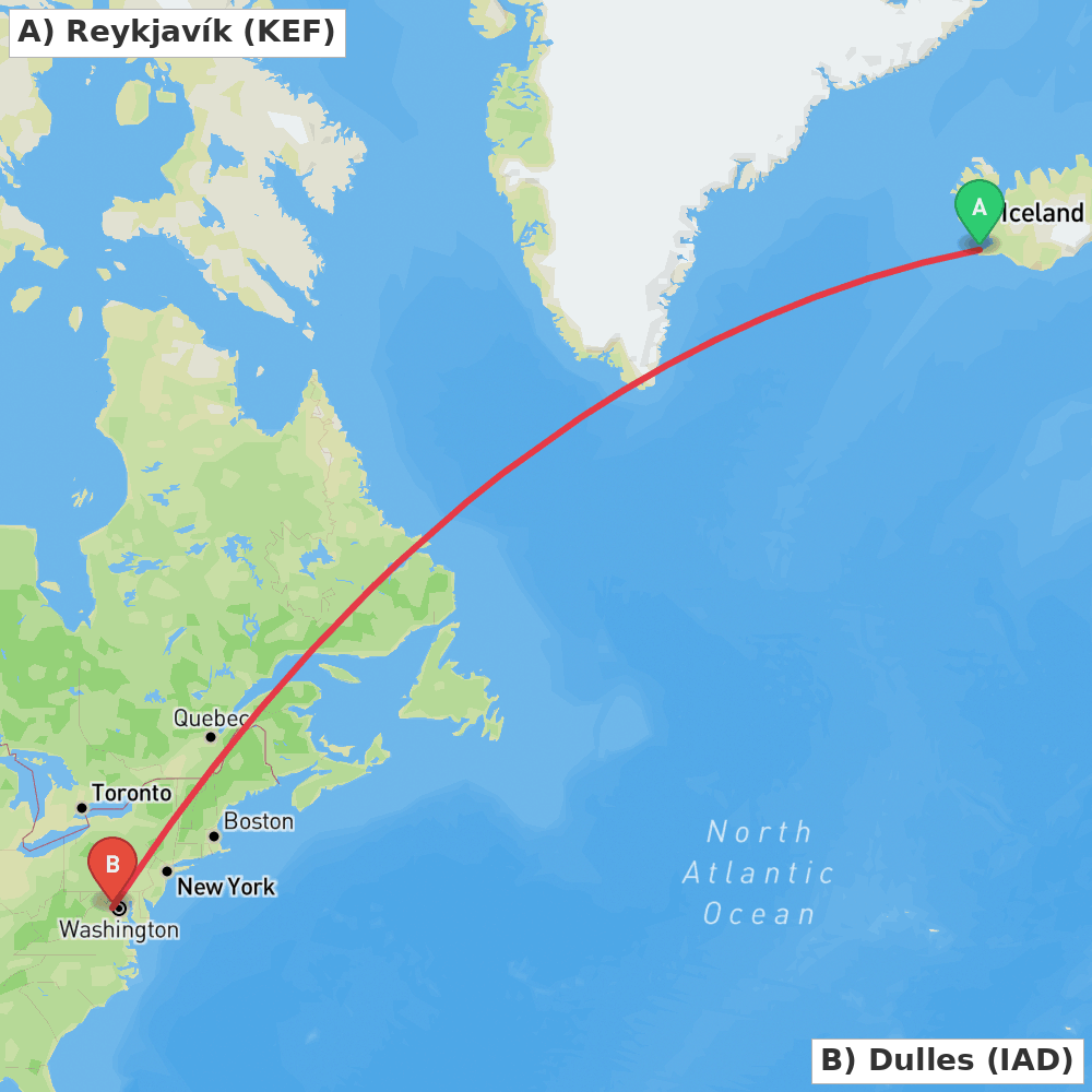 Flight route map from Reykjavík to Dulles