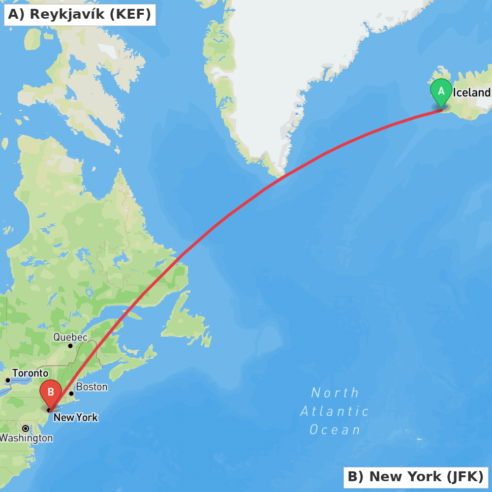 Flight route map from Reykjavík to New York