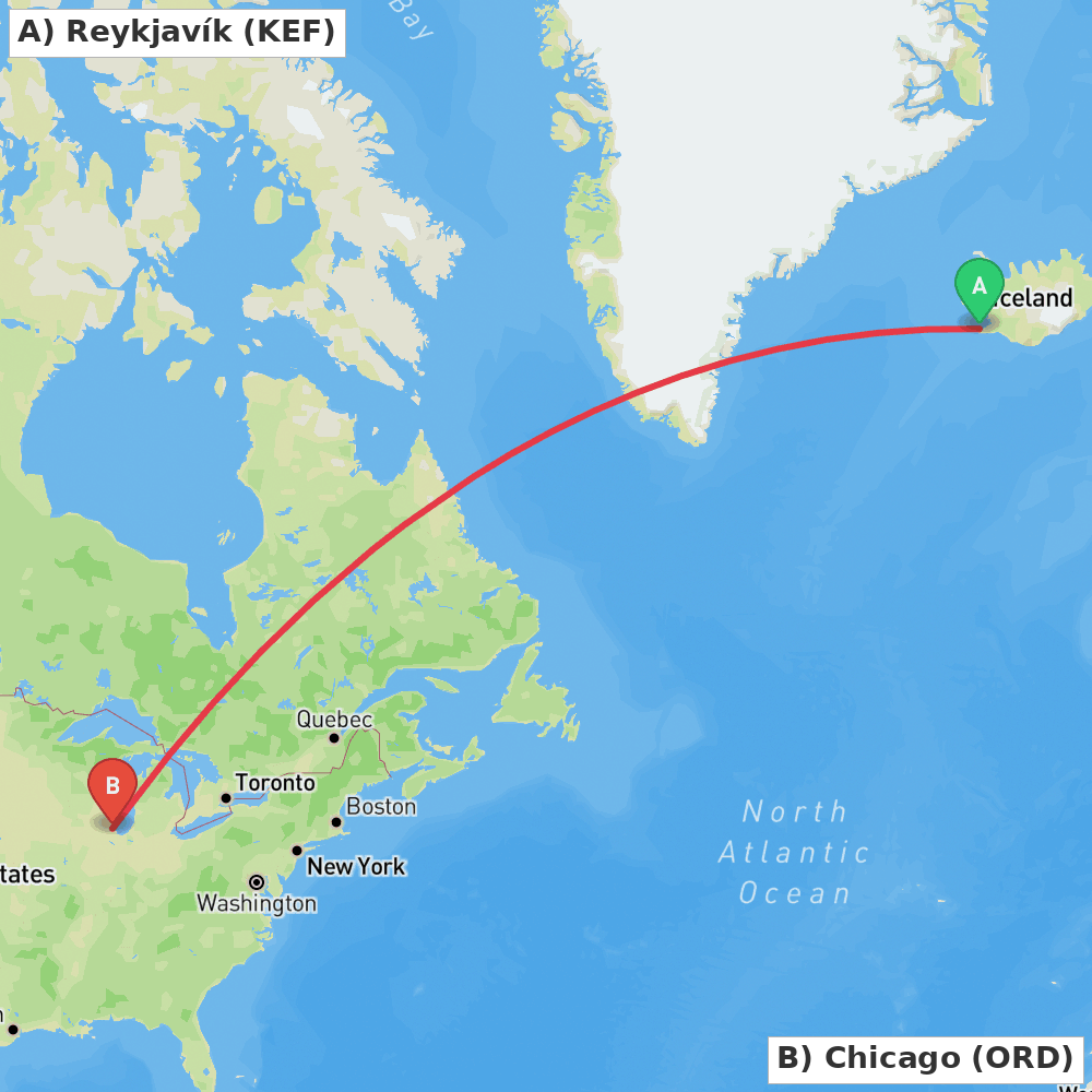 Flight route map from Reykjavík to Chicago