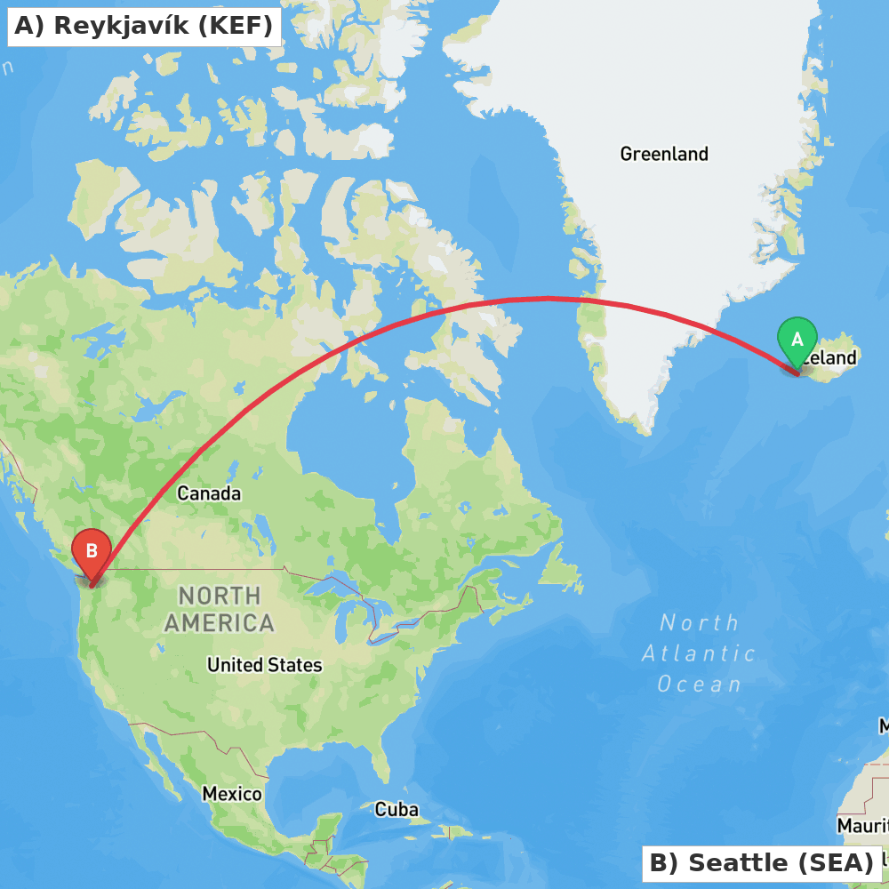 Flight route map from Reykjavík to Seattle