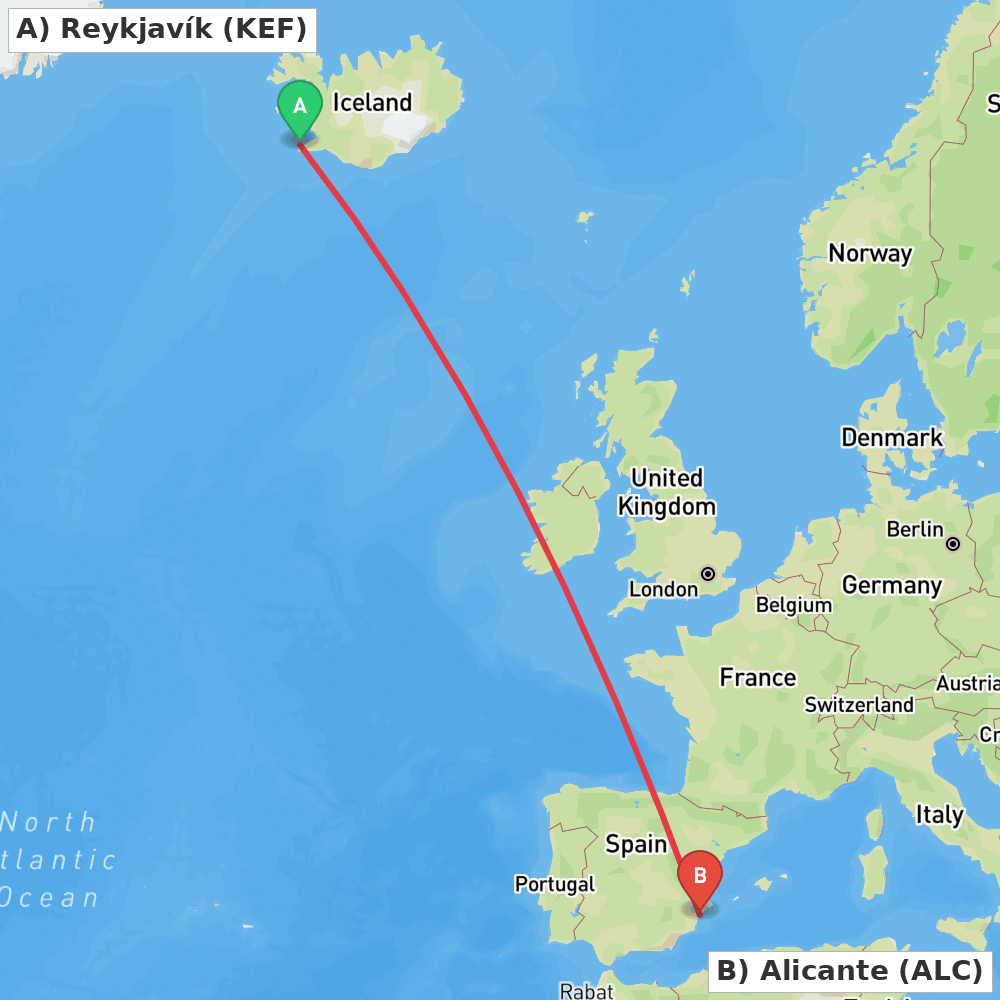 Flight route map from Reykjavík to Alicante
