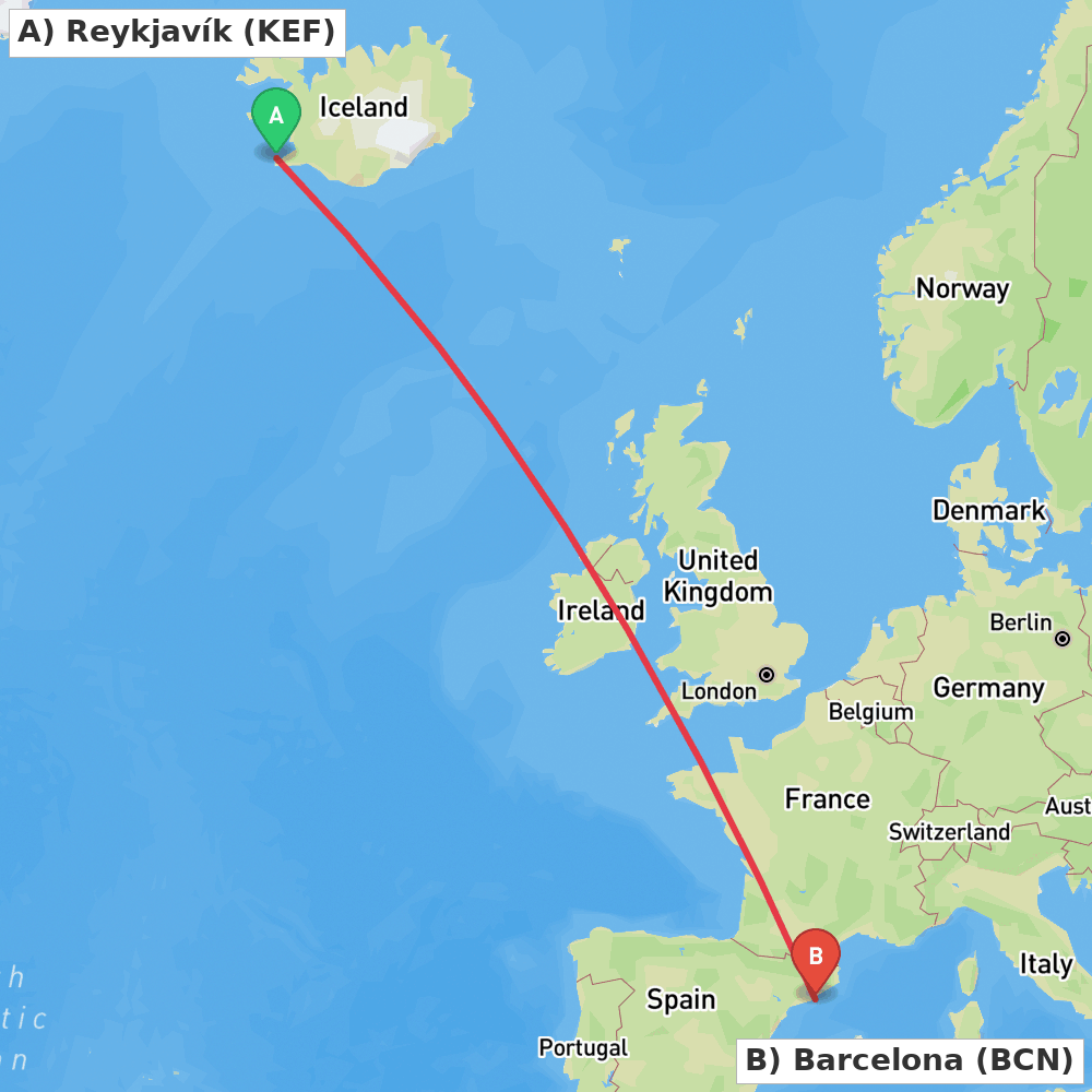 Flight route map from Reykjavík to Barcelona