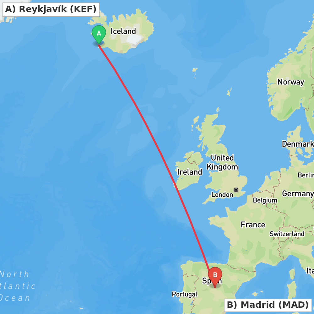 Flight route map from Reykjavík to Madrid
