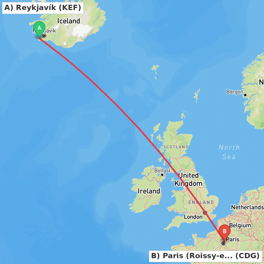 Flight route map from Reykjavík to Paris (Roissy-en-France, Val-d'Oise)