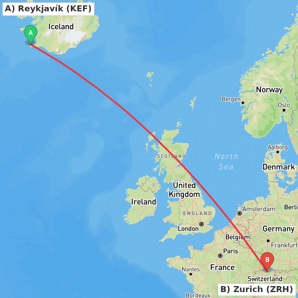 Flight route map from Reykjavík to Zurich