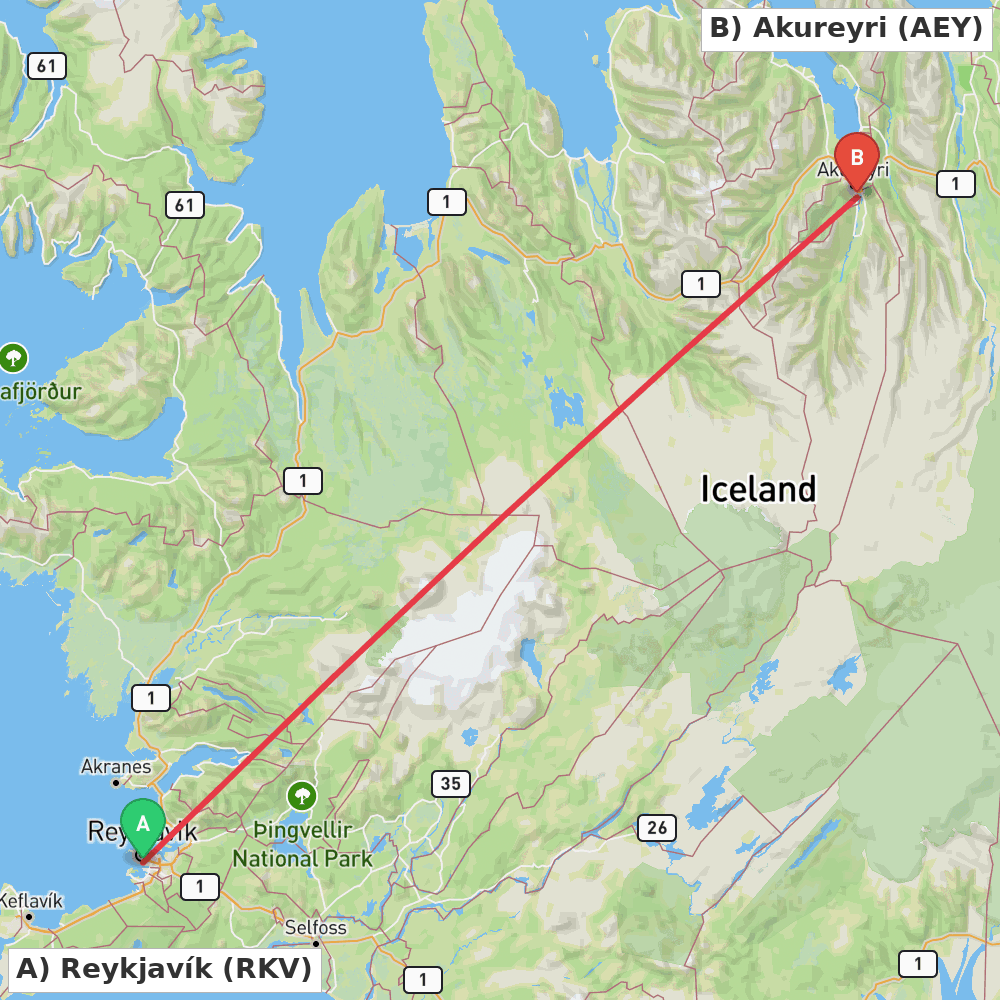 Flight route map from Reykjavík to Akureyri