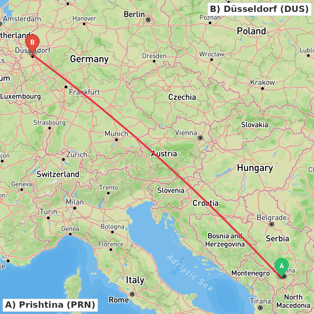 Flight route map from Prishtina to Düsseldorf